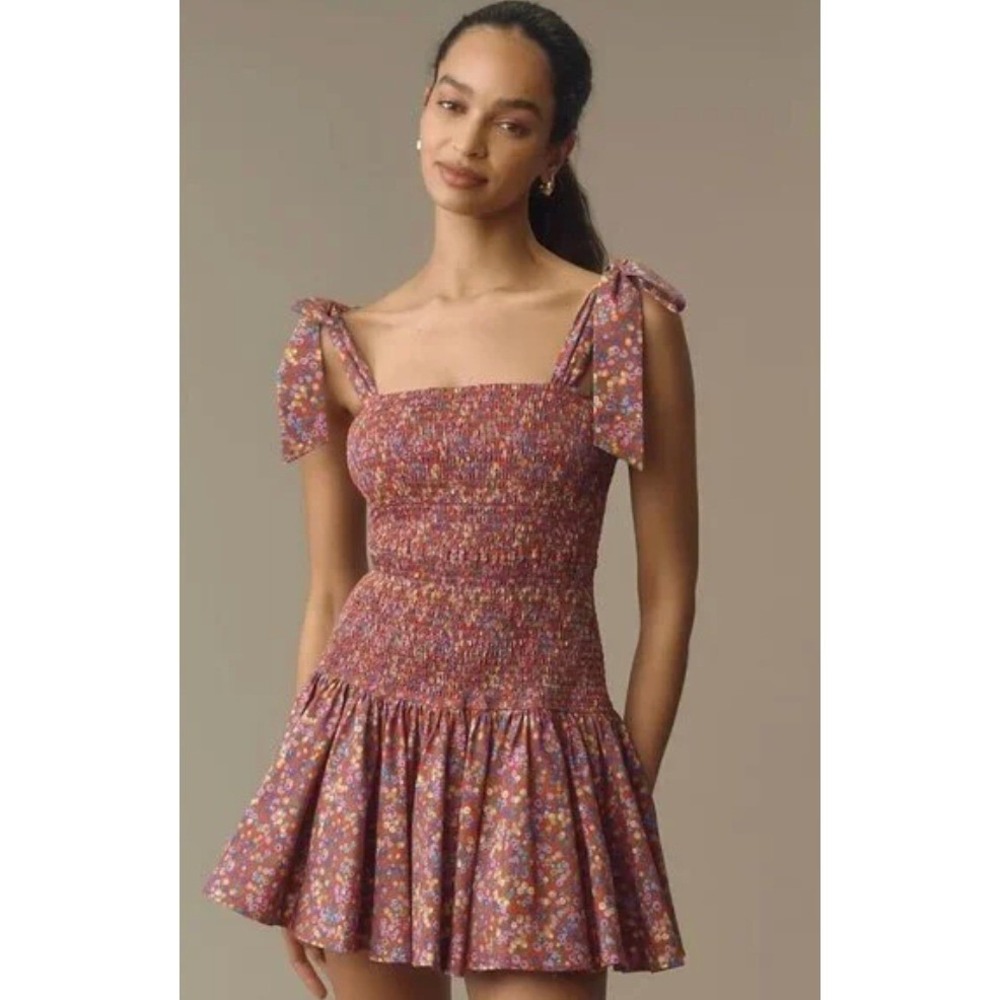 Anthropologie Atsu Red Floral‎ Smocked Tie Shoulder Mini Dress XL New